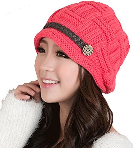 GRAMONI Women Knit Beanie Cap Winter Warm Thick Slouchy Cable Chunky Button Strap Hat Earmuffs Snow Ski Caps (Red)