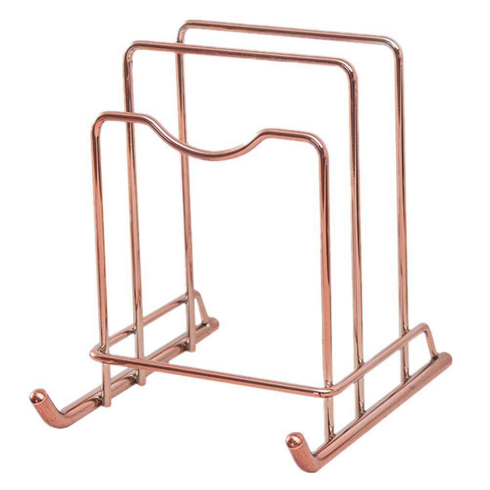 HEMOTON Chopping Board Rack Pot Pan Lid Holder Cutting Board Organiser Display Stand Thin Bakeware Baking Tray for Kitchen Countertop Cupboards Cabinet Office 16X19. 5X20cm Rose Gold