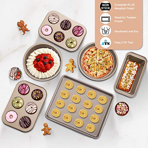 E-Gtong Nonstick Bakeware Set, 6-Piece Toaster Oven Baking Pan Set with Nonstick Coating, Includes Large Baking Sheet, Round Baking Pan, Loaf Pan, Round Cake Pan, 6-Cup Mini Muffin Pans-Easy to Clean