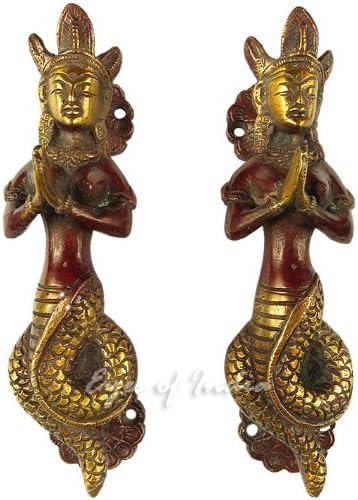 EYES OF INDIA - 7" Pair Red Brass Naga Serpent Door Handles Cabinet Pulls Bronze Antique Indian Bohemian Accent Boho Chic Handmade