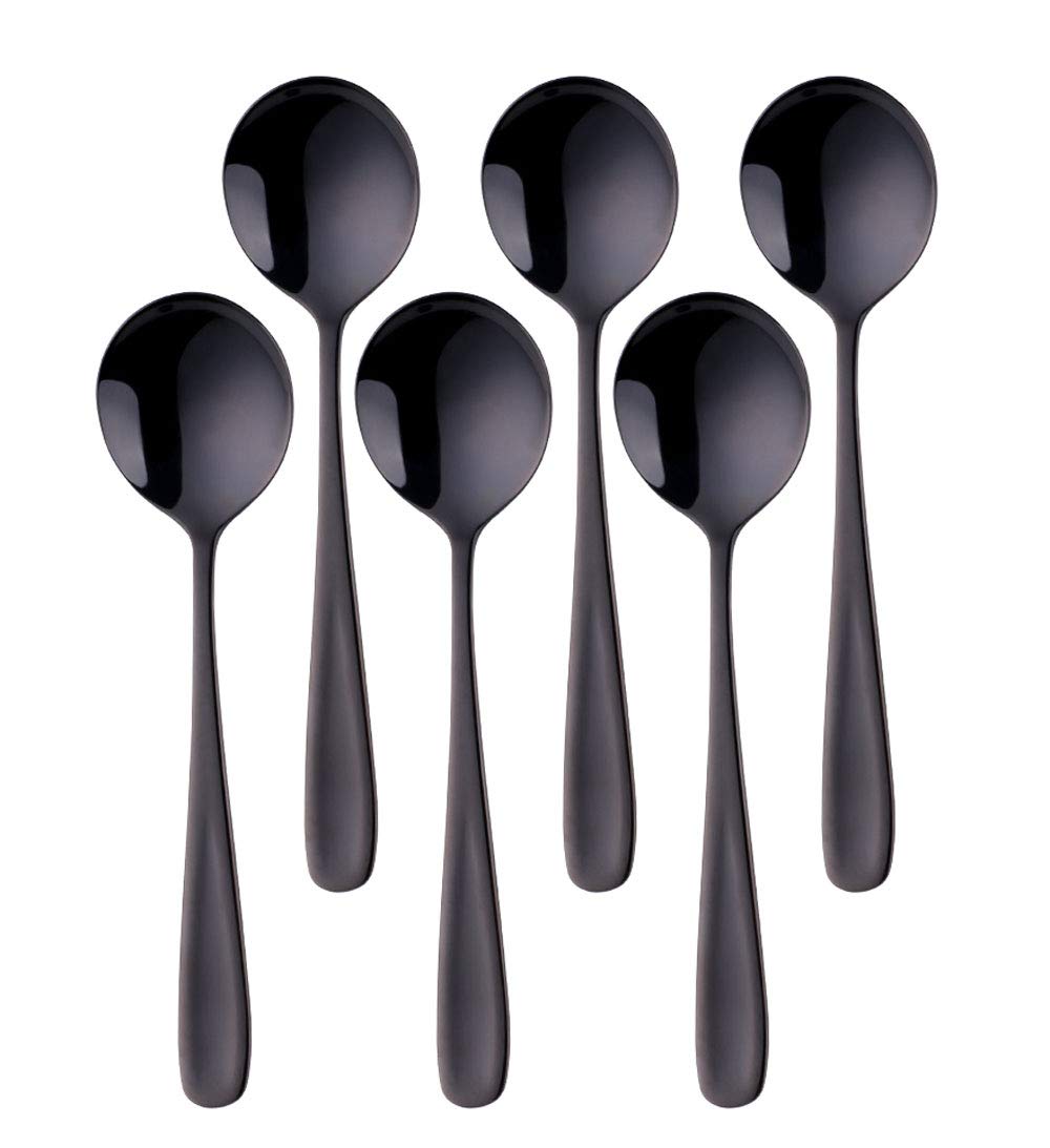 BISDARUN Round Soup Spoons Set of 6 Black Dinner Spoons 18/10 Stainless Steel Table Spoons 17.5 cm Length, 4.5 cm Width