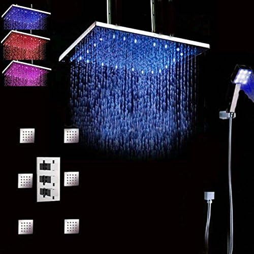20" Ceiling Mount Shower Arm Square LED Thermostatic Valve Mixer Tap Ceiling Mount Shower Faucet 6 Message Jets
