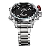 Weide Mens Black Dial Dual Time Display Stainless Steel Wrist Watch WH2309B (Silver)