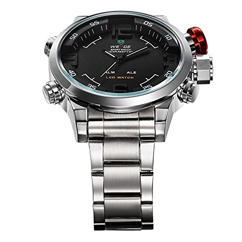 Weide Mens Black Dial Dual Time Display Stainless Steel Wrist Watch WH2309B (Silver)