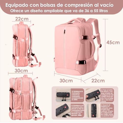 Viaje de Mochila al Vacío con Bombas Aire Eléctricas, 36-55L Expandible, Separación húmeda y seca, con Bolsa de Aire Antirrobo para Viajes
