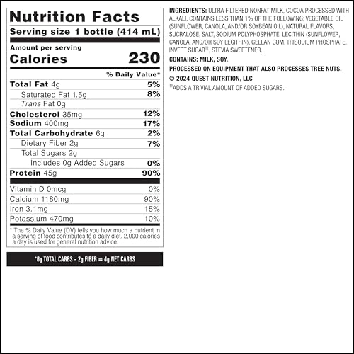 QUEST NUTRITION CHOCOLATE PROTEIN SHAKE, 45G PROTEIN, 2G SUGAR, 4G NET CARBS, READY TO DRINK, GLUTEN FREE, 4 COUNT
