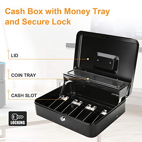 Jssmst Large Locking Cash Box with Money Tray, Lock Box with Security