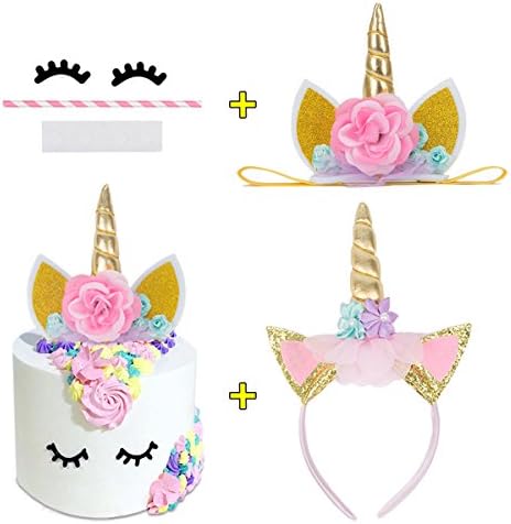 Unicorn Cake Topper with Eyelashes and Unicorn Headband Gold Glitter Flowers Ears Headbands for Party Decoration or Cosplay Costume,Birthday Party, Baby Shower and Wedding Party