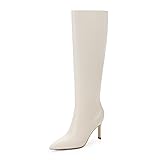 Easyfox White Fall Boots for Women Pointed Toe Knee