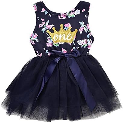 Fmizka Baby Girls' Purple Flower Golden Crown Printed Sleeveless Bowknot Lace Tulle Tutu Mini Princess Dress (Purple, 0-6Months)