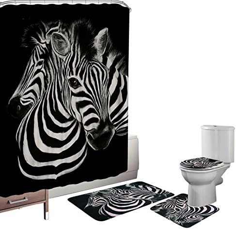 4PCS Zebra Pattern Shower Curtain Sets with Bath Mats Set, Bathroom Rubber Backing Rug Contour Mat Toilet Cover Fabric Shower Curtain with 12 Hooks