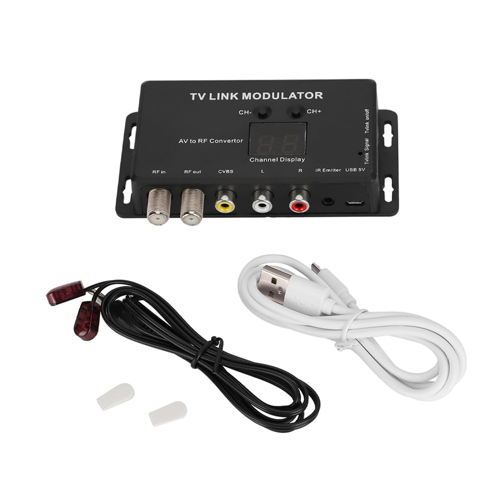 Joyzan UHF Modulator, UHF TV LINK Modulator IR Extender AV to RF Converter Channel Display with USB Charge Cable Adjustable Audio Video Output Level for AV Sourse