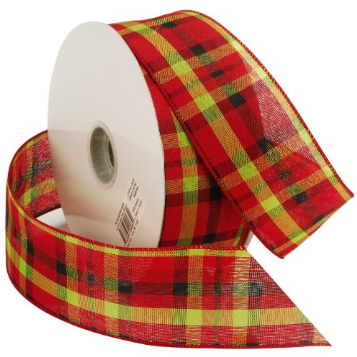 Morex RibbonGala Plaid Wired Fabric Ribbon, 2 1/2-Inch by 50-Yard Spool, Red/Lime (7419.60/50-609)