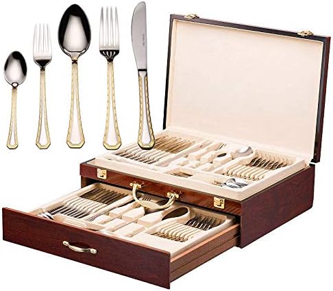 DIZORA 75-Piece Flatware Set for 12, Premium 18/10 Surgical Stainless Steel Silverware Cutlery Dining Service, 24K Gold-Plated Hostess Serving Set, Gift Wooden Storage Case (Imperial - Gold)