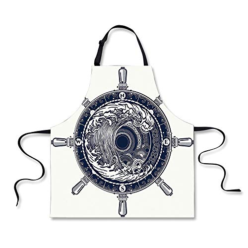 iPrint Custom Apron,Adventure,Sea Compass and Storm Tattoo Design in Celtic Style Tsunami Waves and Wheel Decorative,Dark Blue White,Home Apron.29.5"x26.3"
