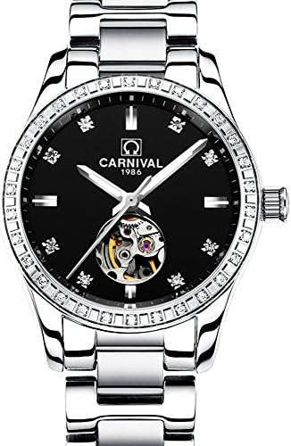Womens 25 Jewels Automatic with Mineral Mirror Hollow Out Flywheel Calendar Watches Black