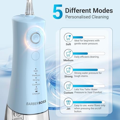 Irrigador oral, fio dentário elétrico sem fios, 5 modos de pressão, IPX8 impermeável, irrigador oral portátil para cuidados gengivais (Pastel Blue)