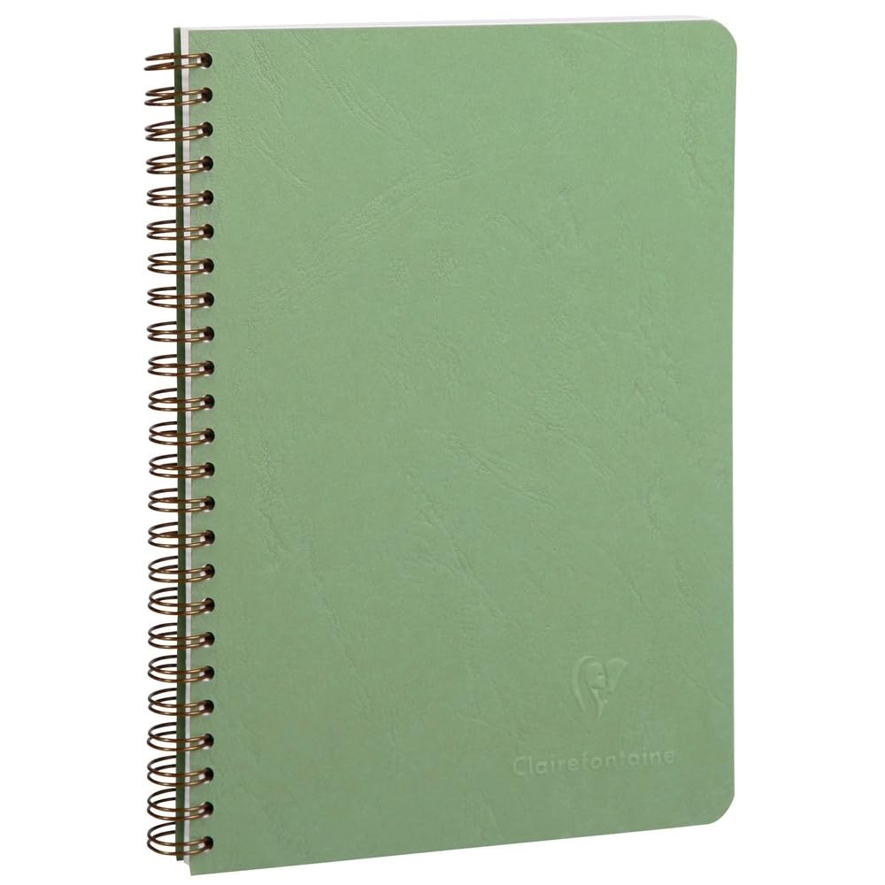 Clairefontaine 785323C Collection Age Bag Green Spiral Notebook - A5 14,8x21 cm - 100 Small Square Pages - 90 g White Paper - Glossy Grain Leather Card Cover