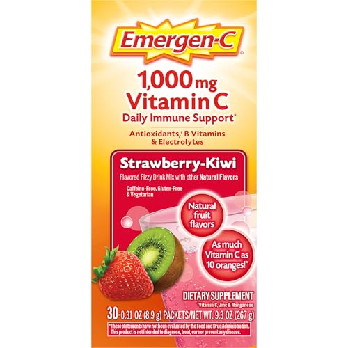 EMERGEN-C 1000MG VITAMIN C IMMUNE SUPPORT POWDER STRAWBERRY KIWI 30CT INCLUDES ZINC, MANGANESE, 7 B VITAMINS AND ELECTROLYTES FOR BACK TO SCHOOL ESSENTIALS