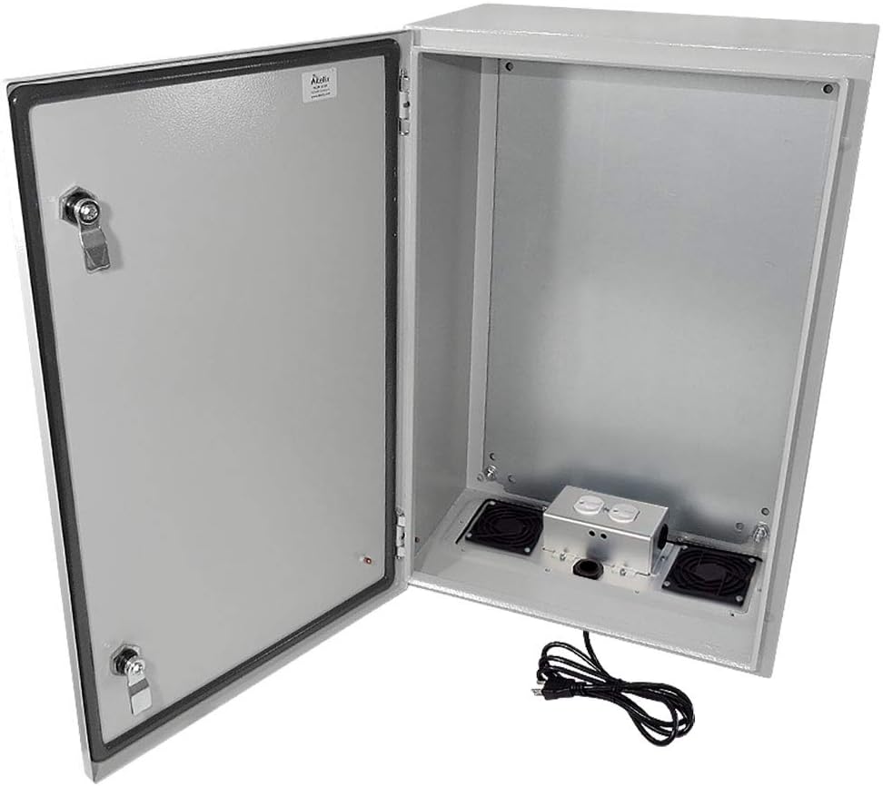 Altelix 24x16x10 Vented Steel Weatherproof NEMA Enclosure (17.9" x 12" x 8.2" Inside Space) with Equipment Mounting Plate, Pre-Wired 120 VAC Outlets and 5 Foot 3-Prong Power Cord
