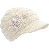 C-US Women Winter Warm Knit Hat Crochet Visor Brim Cap with Flower Accent
