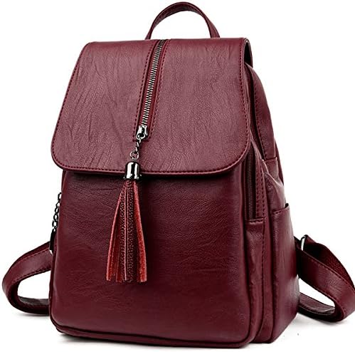 Faux PU Leather Backpack for Women - Fashion Laptop Satchel Zipper Daypacks Shoulder Bag (Dark Red)