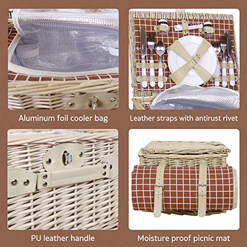 Willow Picnic Basket Set for 4 Person Wicker Hamper Sets with Picnic Blankets, Picnic Cutlery