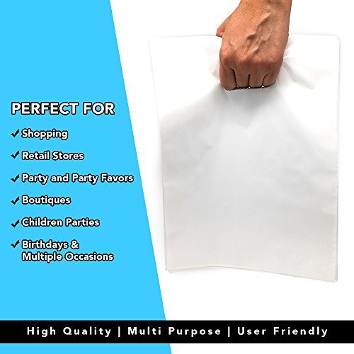 White Merchandise Plastic Shopping Bags - 100 Pack 12" x 15"with 1.25 mil Thick | Die Cut Handles | Perfect for Retail Shops, Party Favors, Birthdays, Children Parties | Color White | 100% Recyclable - Thumbnail 2