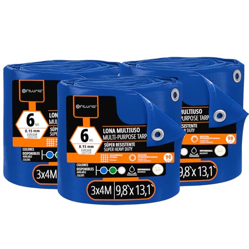 OFITURIA Multipurpose Tarpaulin Waterproof 3 x 4 m Blue, Set of 3, Ideal for Covering Furniture and Equipment in the Garden, Camping and Construction Site (3 x 4 m, Pack of 3)