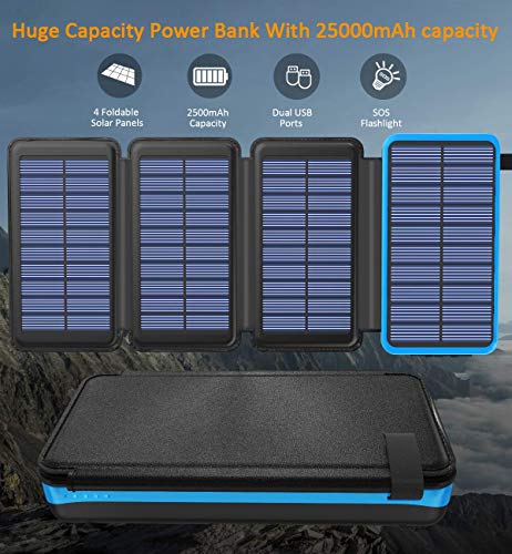 Solar Power Bank 25000mAh High Capacity USB External Battery Pack Backup Battery Power Pack with 4 Foldable Solar Charging Panels, Dual 2.1A Output Ports, Flashlight for iPhone Android Cellphones