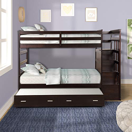 Merax Wood Bunk Bed Twin Over Twin Bunk Bed for Kids with Trundle Bed