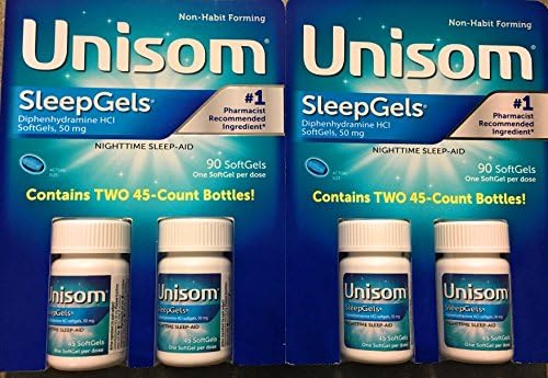 Unisom Sleep Gels, 180 Count Unisom Sleep Aid Value Size Pack of 4 (2 Packs of 90) (4 Packs of 45) Unisom Bulk Pack Non Habit Forming,diphenhydramine 50mg, Insomnia Sleep Gel