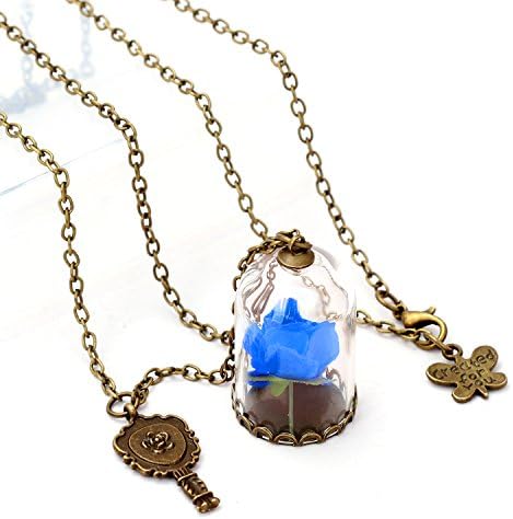 WOFO Glass Vial Necklace Jewelry Beauty and the Beast Rose Necklace Festival Gifts by (Blue)