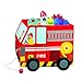 Wooden Pull Along Toy Box - Solid Wood Wagon Fire Truck (12X16X13 inches)