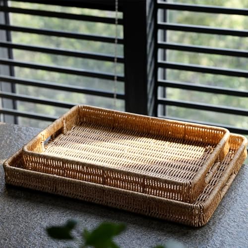 Rectangle Rattan Serving Trays with Handles, Decorative Woven Wicker Organizer Baskets Storage Tray for Coffee Table, Bread, Fruit, Snacks 2 Pack