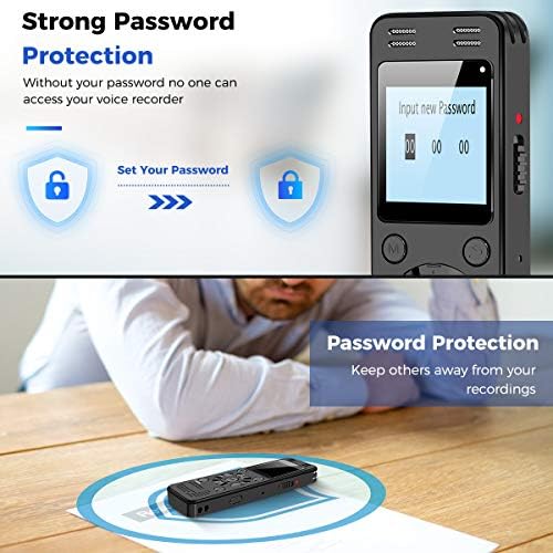 Portable voice recorder with 32GB storage capacity, capable of recording up to 1536kbps for extended hours.