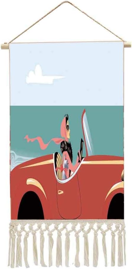Amazon Co Jp 風景 タペストリー 掛け軸 車 海 多機能 個性 壁アート 装飾画 人気 おしゃれ 赤青で彼女の犬と一緒に道路でレトロ な自動車を運転して若いセクシーな女性のファンクイラスト ホーム キッチン