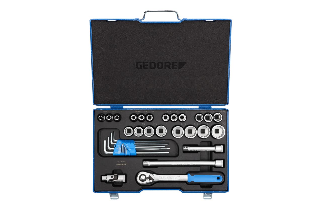 GEDORE 31-piece Socket spanner set, Bi-hex, 1/2", 10-36 mm, Tool, Ratchet with lever reverse Allen, for Automotive, D19 KMU-20