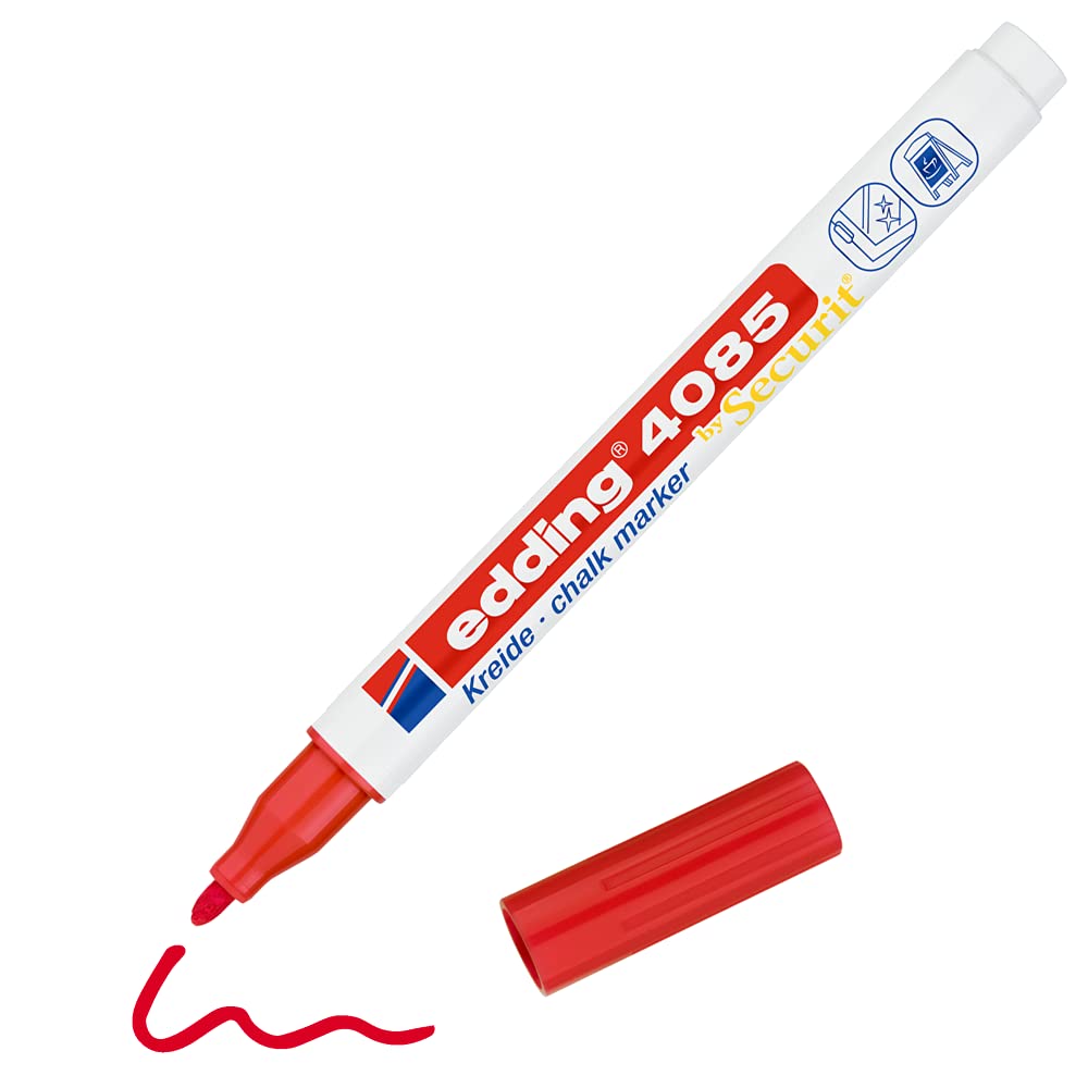 edding 4085 chalk marker - red - 1 chalk pen - round nib 1-2 mm - fine-nib wet wipe pen for chalkboards, windows, glass, mirrors - liquid chalk marker pens for opaque coverage