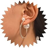 Zeshimb Rhinestone Gold Hoop Earrings Large CZ Diamond Hoop Earrings Faux Pearl Front Back Earrings Elegant Pearl Hoop Earrings Vintage Pearl Ear Jacket Earrings Bridal Jewelry for Women