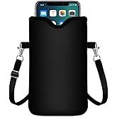 IRADA Neoprene Cell Phone Sleeve Pouch Case Bag with Crossbody Strap Neck Lanyard for Women Men 7.6 X 4.3 Inches-Solid Black Shockproof Universal Phone Bag