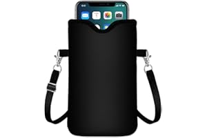 IRADA Neoprene Cell Phone Sleeve Pouch Case Bag with Crossbody Strap Neck Lanyard for Women Men 7.6 X 4.3 Inches-Solid Black Shockproof Universal Phone Bag
