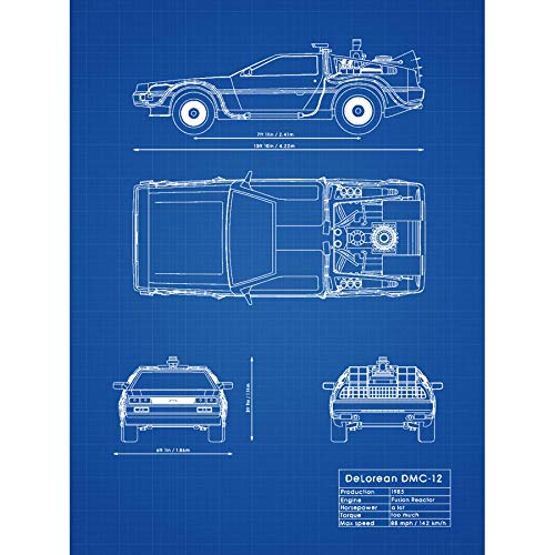 Artery8 DeLorean DMC-13 Future Time Travel Car Blueprint Plan Art Print Canvas Premium Wall Decor Poster Mural