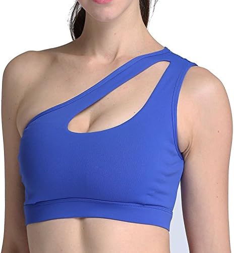 Women's cute one shoulder sports bra Sexy Hollow Out Yoga Running bra (S, Blue)