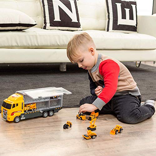 Joyfia 11 in 1 Die-cast Construction Truck Vehicle Car Toy Set Play Vehicles in Carrier Truck, Alloy Metal Car Model Excavator Dumper Bulldozer Road Roller for Kids Boys Girls
