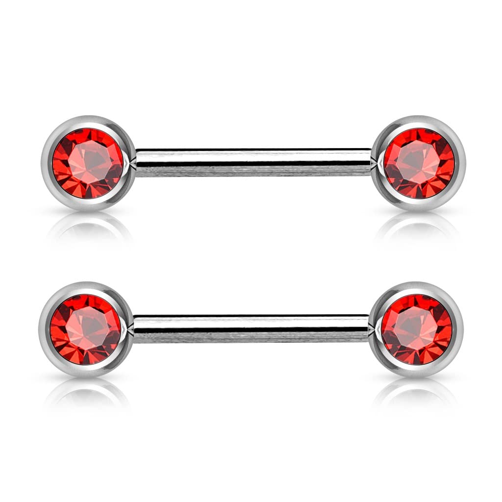PiercedOff 316L Surgical Steel Nipple Bar with Forward Facing Red CZ Gem Balls - Thickness 14GA (1.6mm) / Length 16mm / Ball Sizes 6mm - Sold as a Pack of 2 Nipple Bars