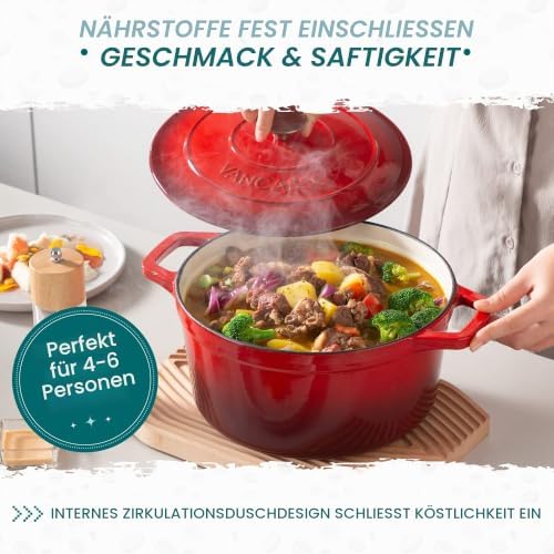 Brottopf zum Backen Gusseisen Topf, 5L Ø 26cm Emaillierte Beschichtung,Gusseiserner Brottopf zum Backen, Kasserolle, Gussbräter für Alle Herdarten und Induktion Geeignet,Rund,Rot,5L