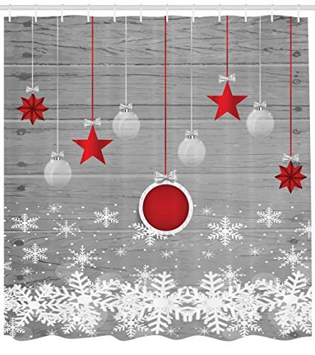 ABAKUHAUS Christmas Shower Curtain, Traditional Celebration Theme Pendant Stars Baubles Ornate Snowflakes, Cloth Fabric Bathroom Decor Set with Hooks, 175 x 200 cm, White Grey Red — image 1