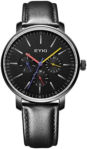 EYKI Men's Quartz Watch Casual Business Genuine Leather Analog Watch Black&amp;Black