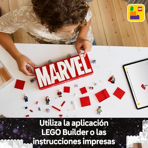 LEGO Marvel: Logo da MARVEL e minifiguras dos Vingadores Capitão América, Hulk, Thor, Homem de Ferro e Viúva Negra, Modelo de Decoração 3D, Brinquedo de Super-herói para Meninos e Meninas de 12 anos ou mais 76313